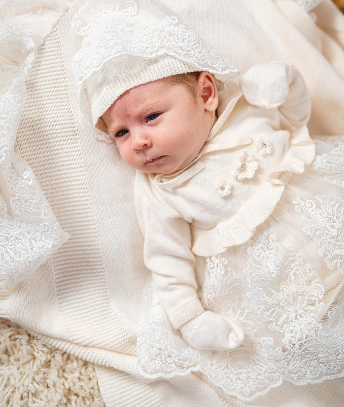 Baby Newborn 5 Teilig Strickset - Spitzendetail - Kleid - Creme