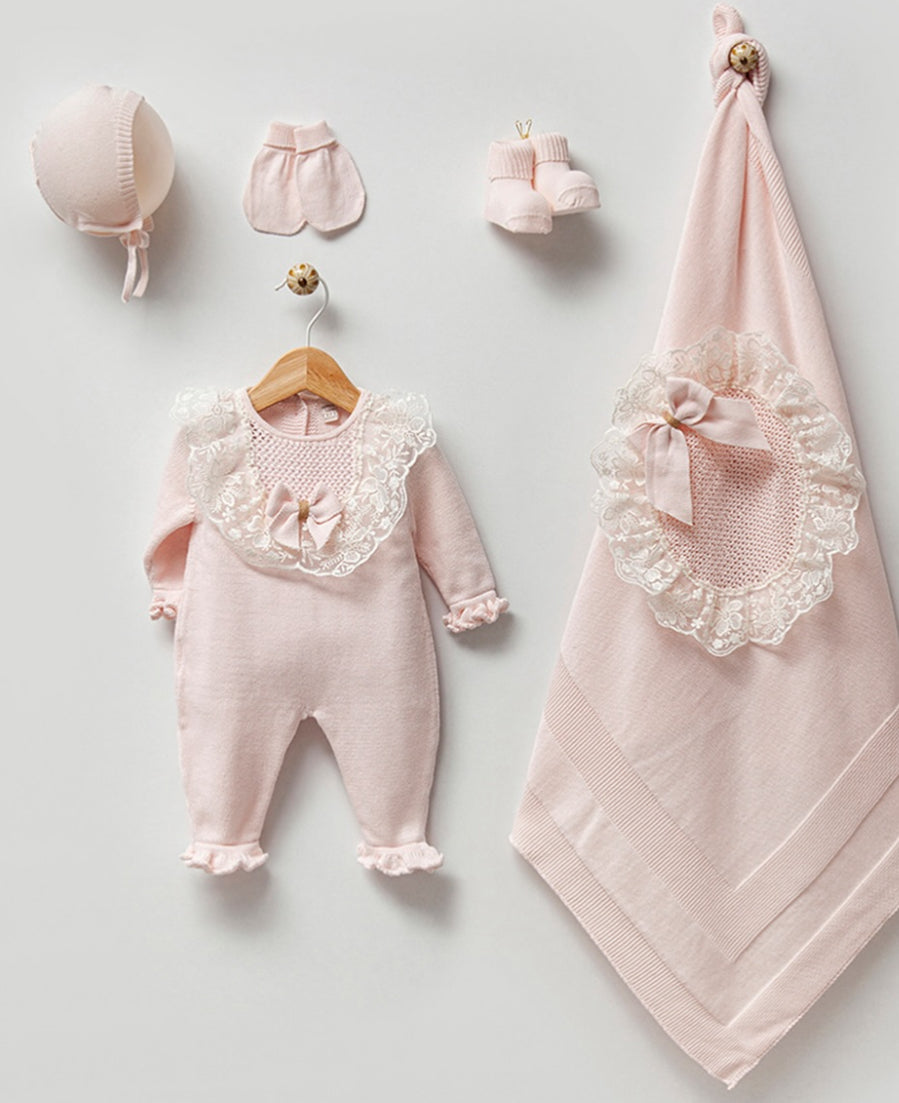 Baby Newborn 5 Teilig Strickset - Luxuriöse Spitzendetail und Schleife Rosa ⭐️Bestseller⭐️