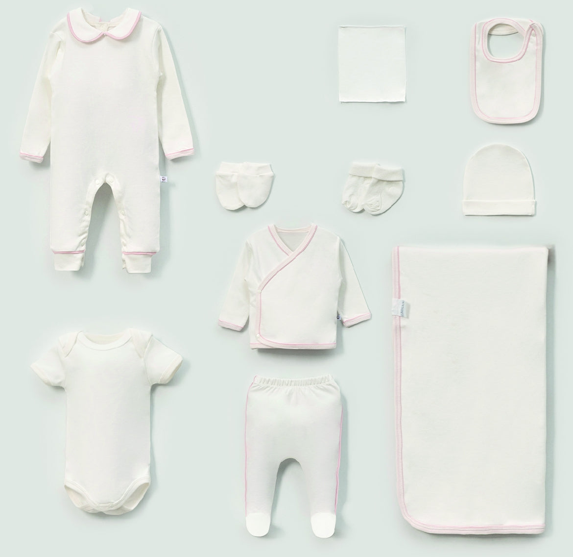 Baby Erstaustattungspaket 10 Teilig mit zarter Rosa umrandung Baumwolle - Ecru/Rosa