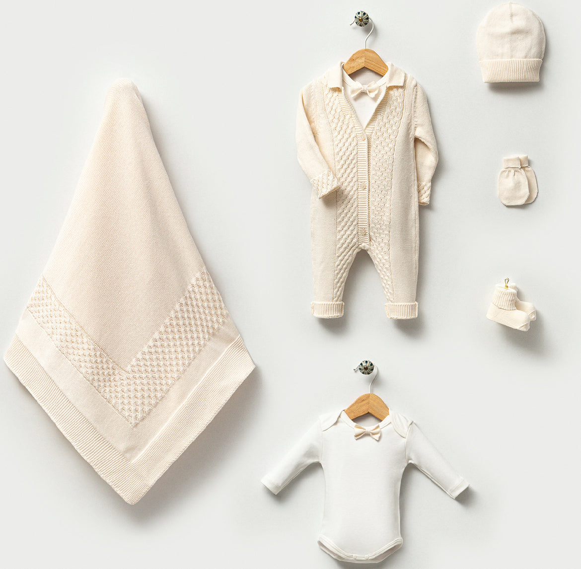 Elegantes 6 tlg. Baby Newborn Strickset - Wabenmuster Gentleman - Creme