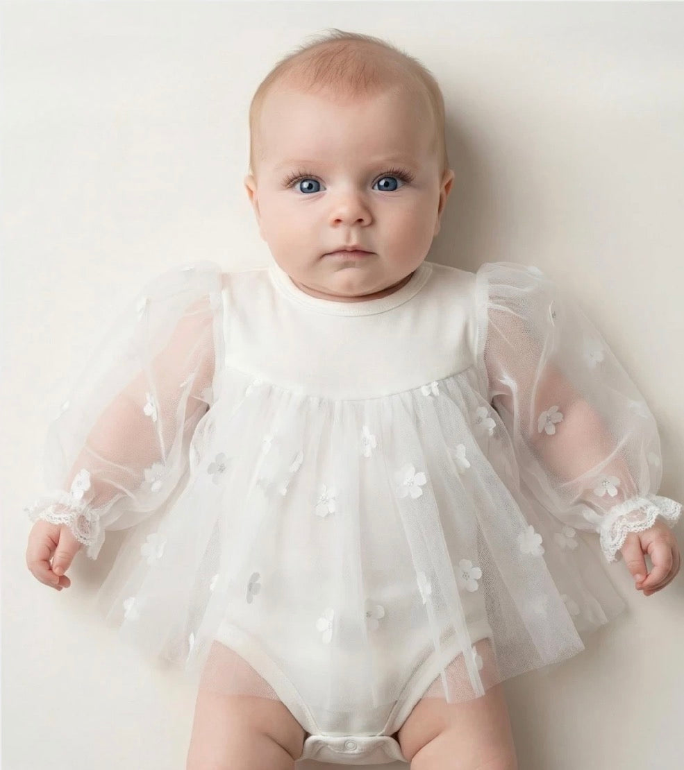 ***Lieferung in 3-4 Wochen*** Baby Tüllkleid mit integriertem Body - Ecru / 0-3 Mon.