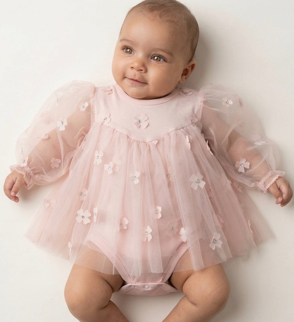 Baby Tüllkleid mit integriertem Body - Puderrosa / 0-3 Mon.