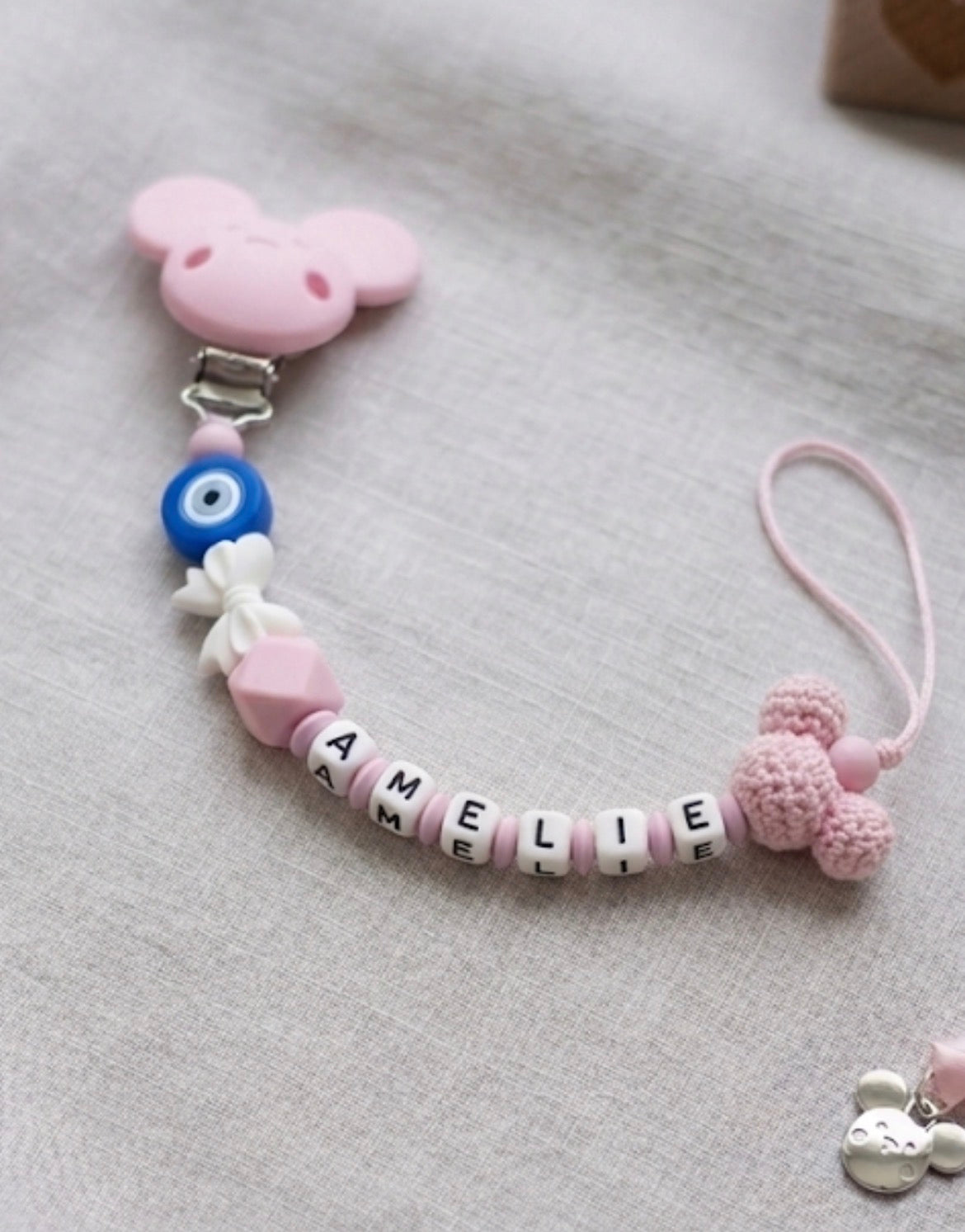 Handgemachte Baby Schnullerkette Rosa mit Mäuschen 