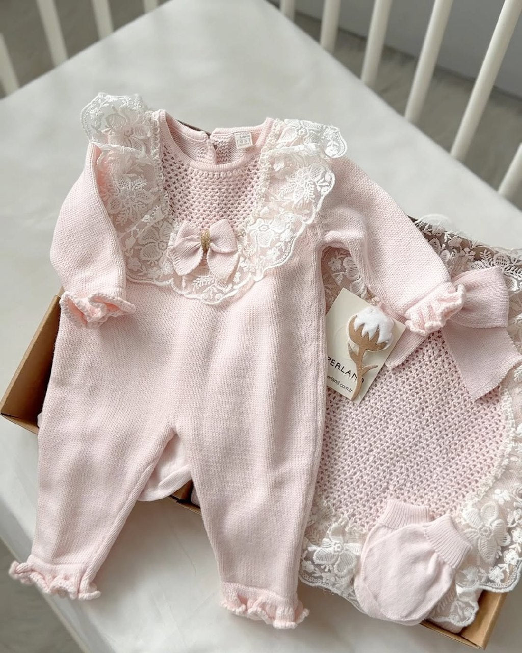 Baby Newborn 5 Teilig Strickset - Luxuriöse Spitzendetail und Schleife Rosa ⭐️Bestseller⭐️