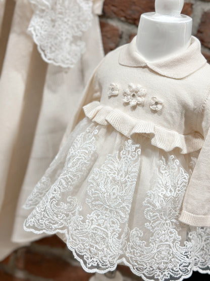 Baby Newborn 5 Teilig Strickset - Spitzendetail - Kleid - Creme
