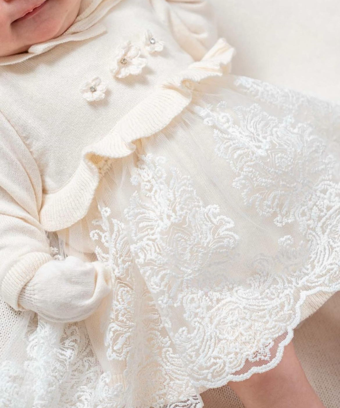 Baby Newborn 5 Teilig Strickset - Spitzendetail - Kleid - Creme