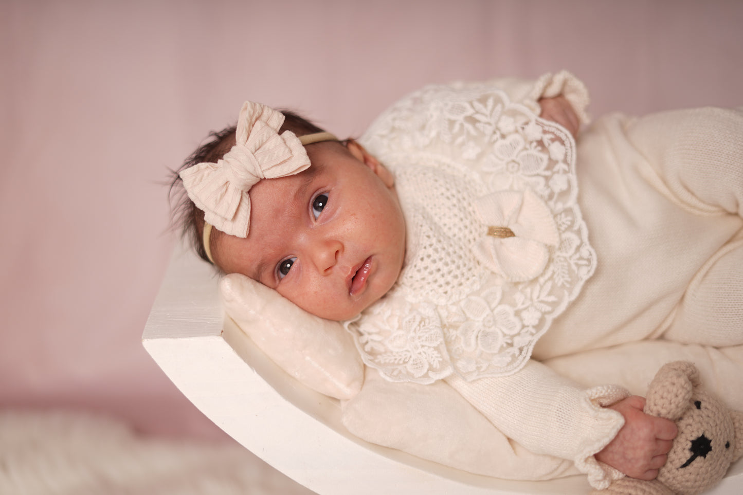 Baby Newborn 5 Teilig Strickset - Luxuriöse Spitzendetail und Schleife Creme ⭐️Bestseller⭐️