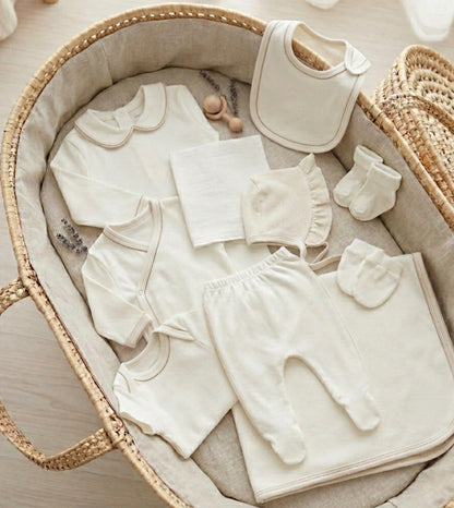Baby Erstaustattungspaket 10 Teilig mit zarter Beige umrandung Baumwolle - Ecru/Beige