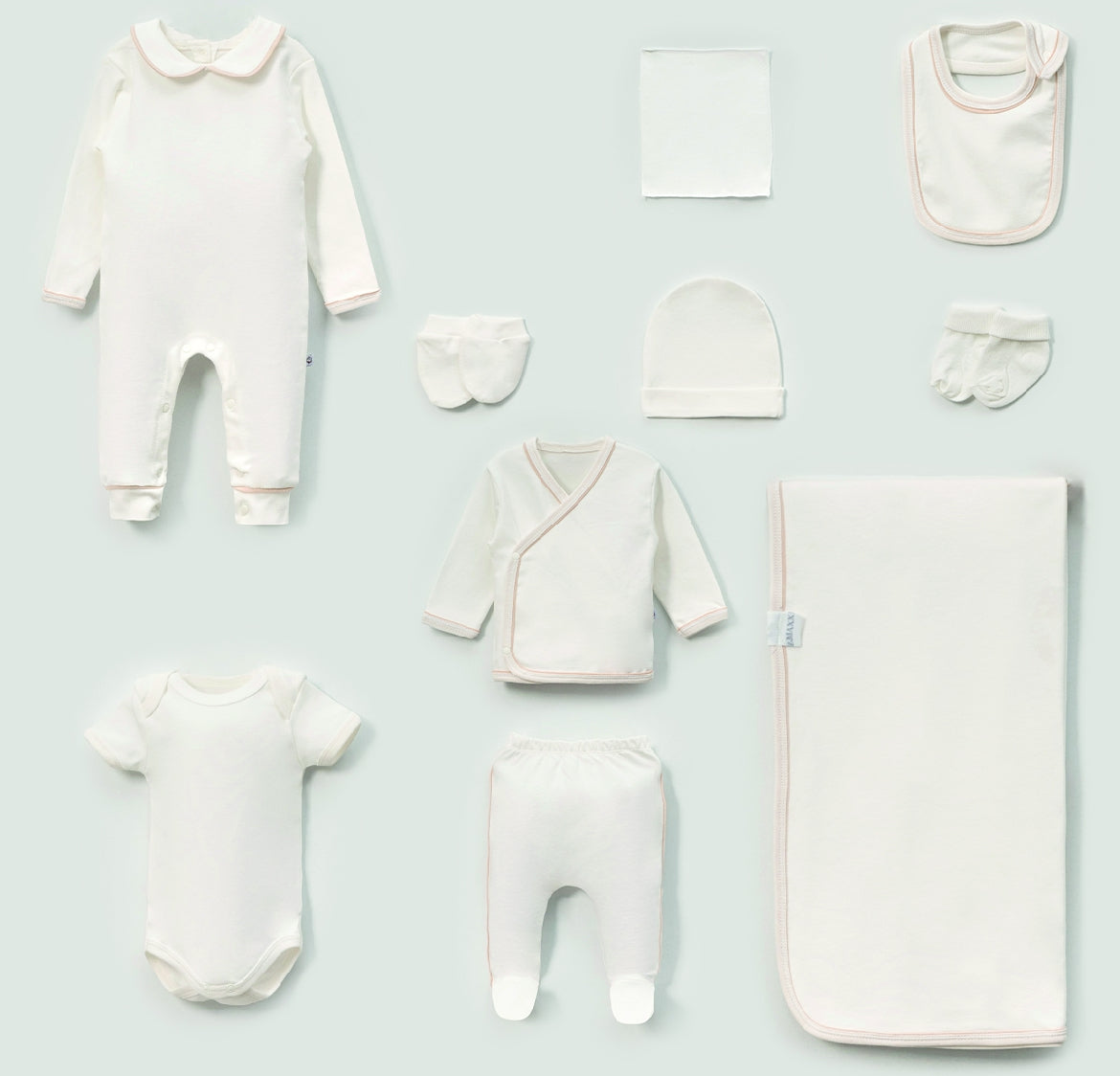Baby Erstaustattungspaket 10 Teilig mit zarter Beige umrandung Baumwolle - Ecru/Beige
