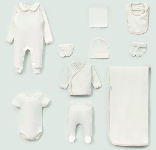 Baby Erstaustattungspaket 10 Teilig mit zarter Beige umrandung Baumwolle - Ecru/Beige