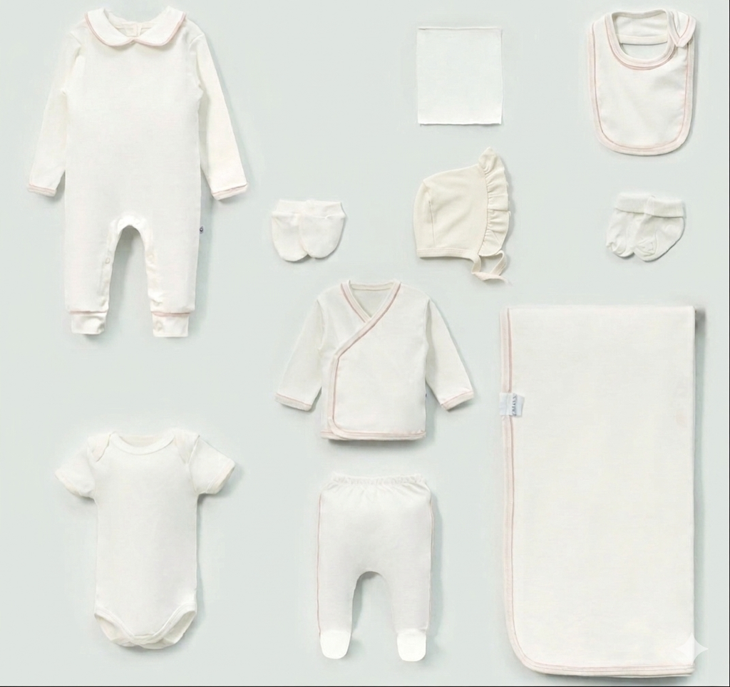 Baby Erstaustattungspaket 10 Teilig mit zarter Beige umrandung Baumwolle - Ecru/Beige