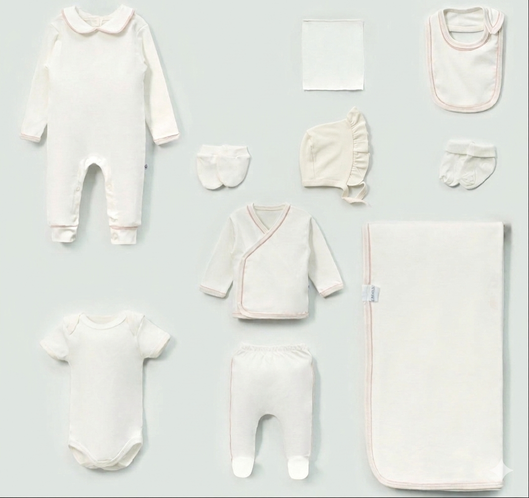 Baby Erstaustattungspaket 10 Teilig mit zarter Beige umrandung Baumwolle - Ecru/Beige