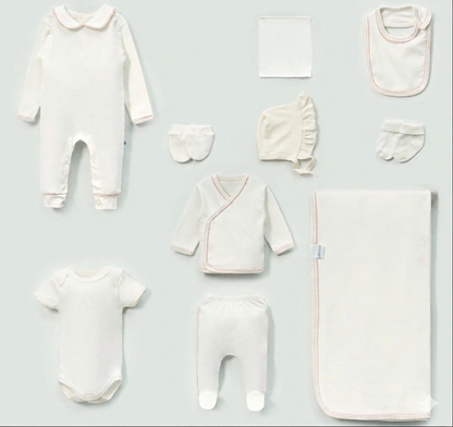 Baby Erstaustattungspaket 10 Teilig mit zarter Beige umrandung Baumwolle - Ecru/Beige