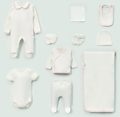 Baby Erstaustattungspaket 10 Teilig mit zarter Rosa umrandung Baumwolle - Ecru/Rosa