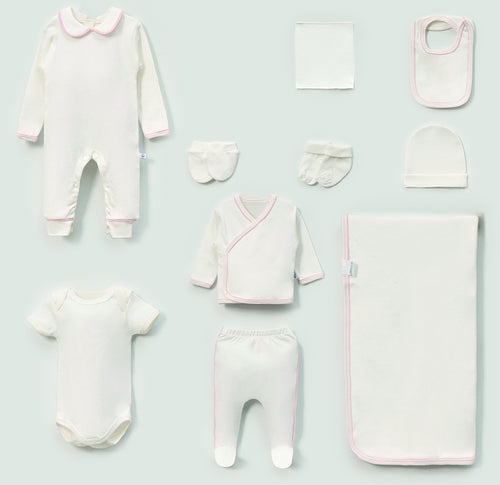 Baby Erstaustattungspaket 10 Teilig mit zarter Rosa umrandung Baumwolle - Ecru/Rosa