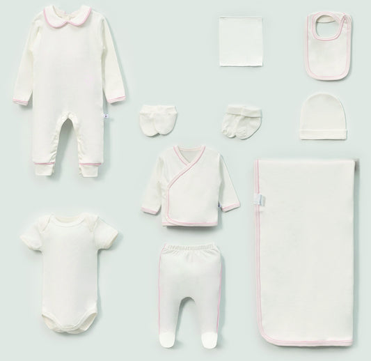 Baby Erstaustattungspaket 10 Teilig mit zarter Rosa umrandung Baumwolle - Ecru/Rosa
