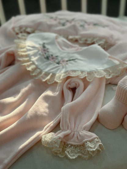 Baby Newborn Samt/Spitzendetail 5 Teilig mit Stickerei - Rosa
