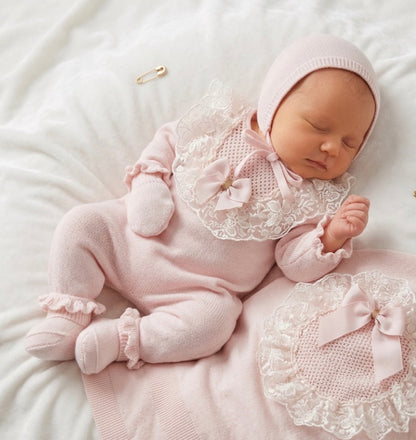 Baby Newborn 5 Teilig Strickset - Deluxe Spitzendetail und Schleife Rosa ⭐️Bestseller⭐️