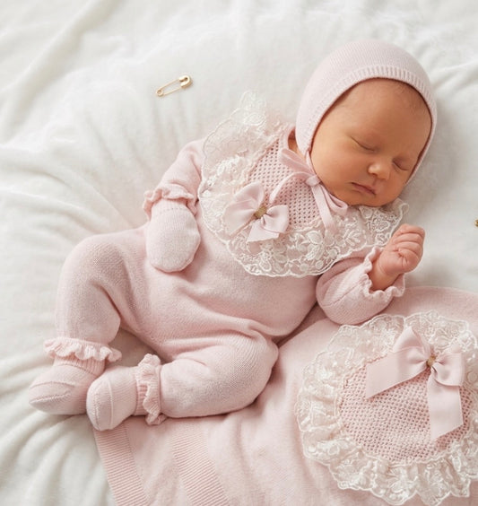 Baby Newborn 5 Teilig Strickset - Deluxe Spitzendetail und Schleife Rosa ⭐️Bestseller⭐️