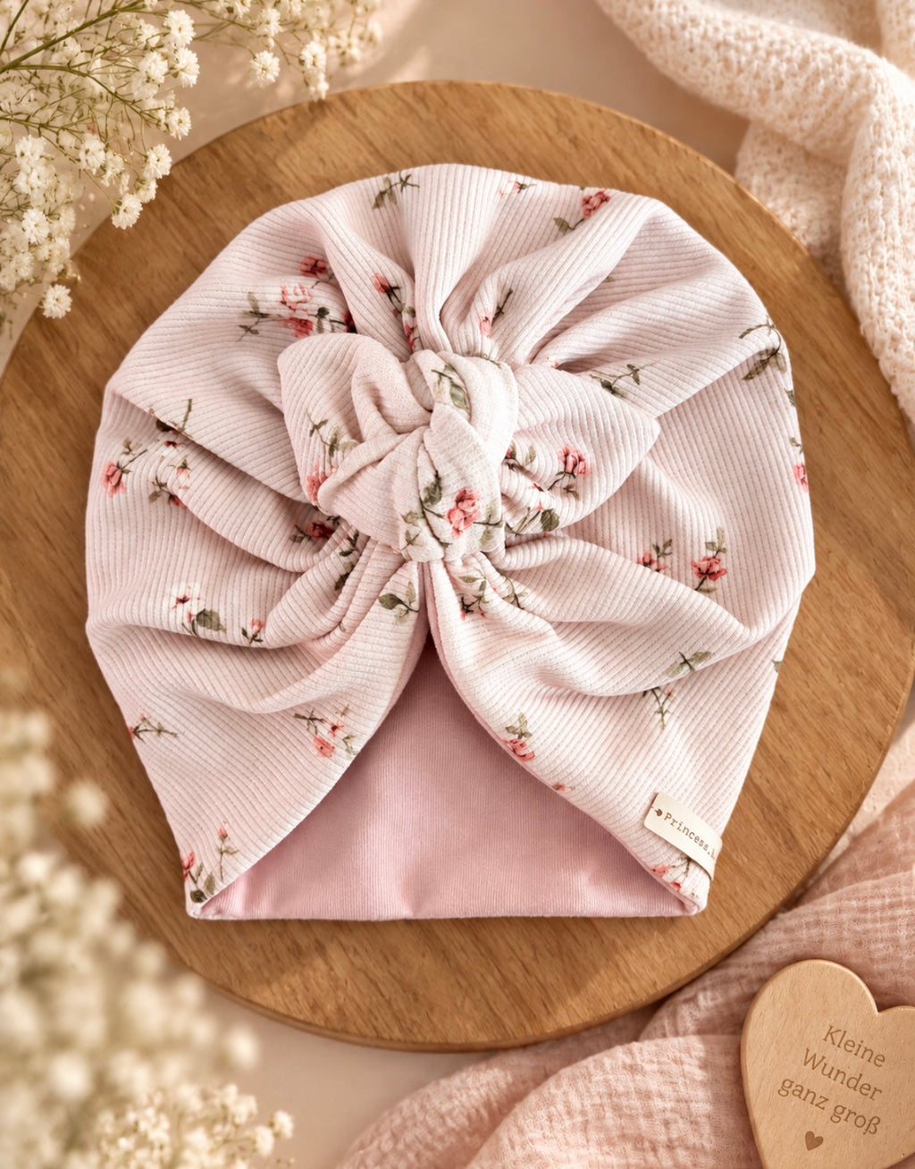 Baby Turban  - Rosa mit Blumenmuster