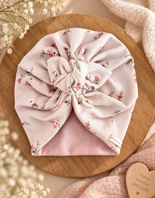 Baby Turban  - Rosa mit Blumenmuster
