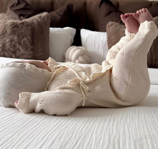 Baby Newborn 5 Teilig Strickset - Wickeloverall - Creme