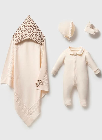 MAXILEO Baby Newborn 8 Teilig Strick/-Musselinset - Leo - Musselindetail - Creme