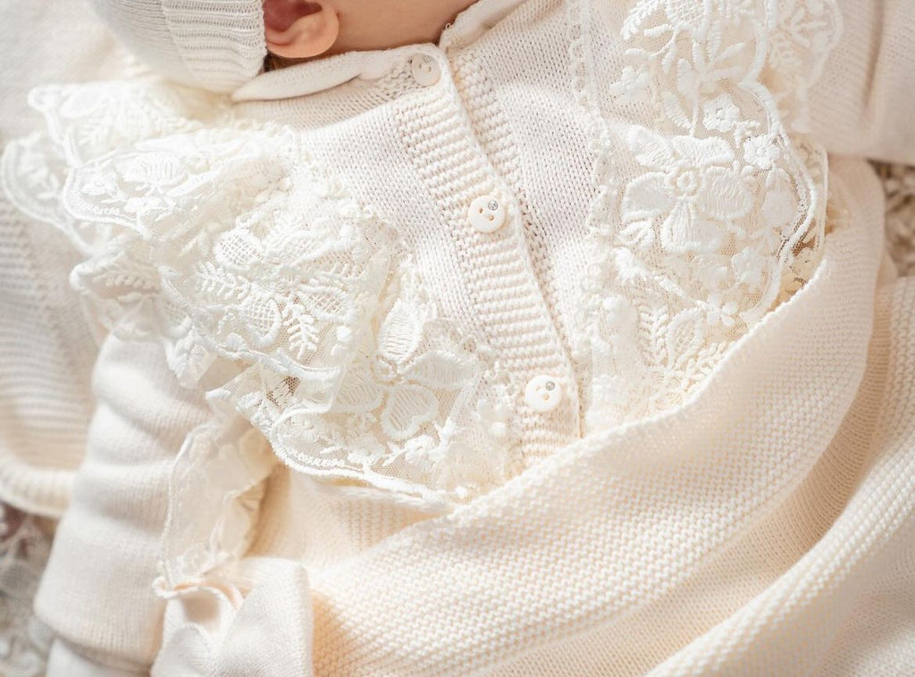 Baby Newborn 5 Teilig Strickset - Deluxe - Spitzendetail - Blume - Creme ⭐️Sehr beliebt⭐️