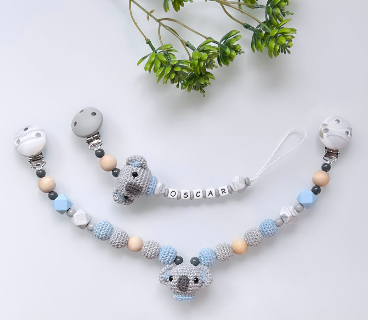 Baby Schnullerkette Kinderwagenkette Koala Handmade Holzperle Silikonperle Set