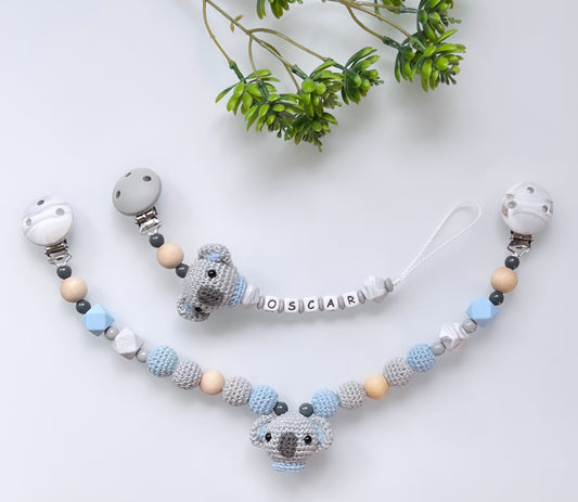 Baby Schnullerkette Kinderwagenkette Koala Handmade Holzperle Silikonperle Set
