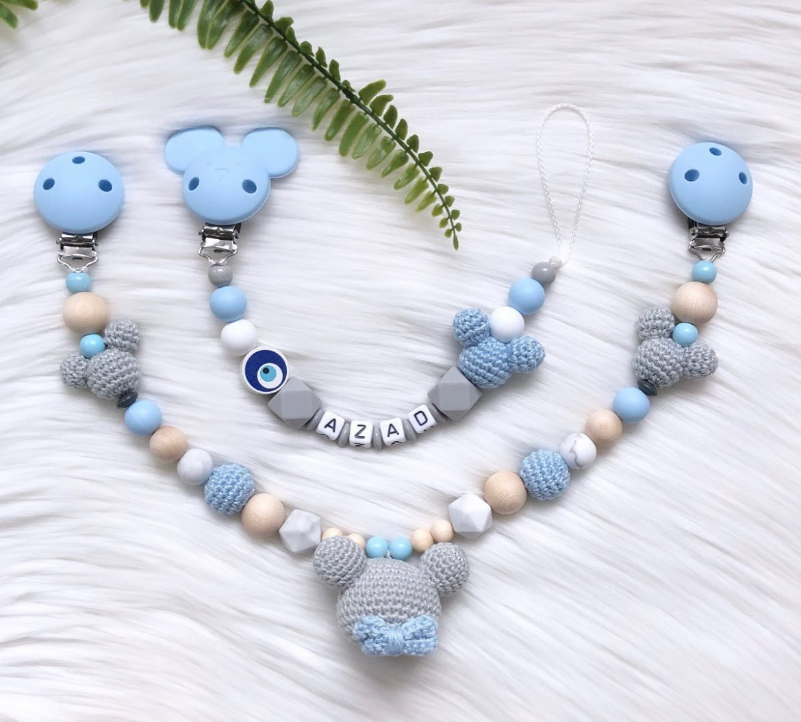 Wagenkette Blau Graue Maus
Kinderwagenkette Häkelmaus