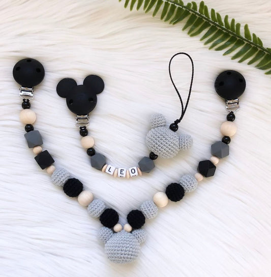 Baby Schnullerkette und Kinderwagenkette Set Maus Grau Holzperle Häkelperle Handmade 

Handgemachtes Schnullerketten und Kinderwagenketten Set