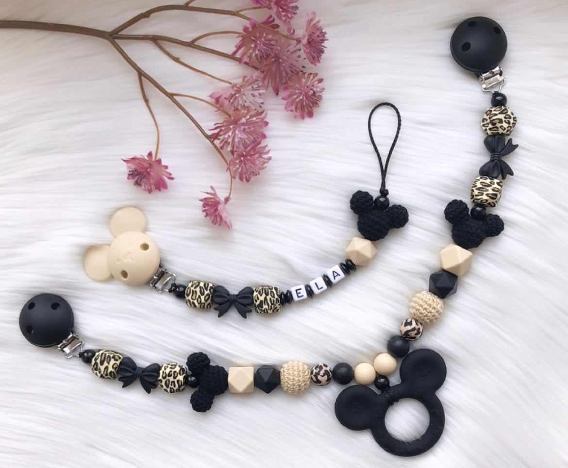 Baby Schnullerkette und Kinderwagenkette Set Schwarz Beige Leopard 