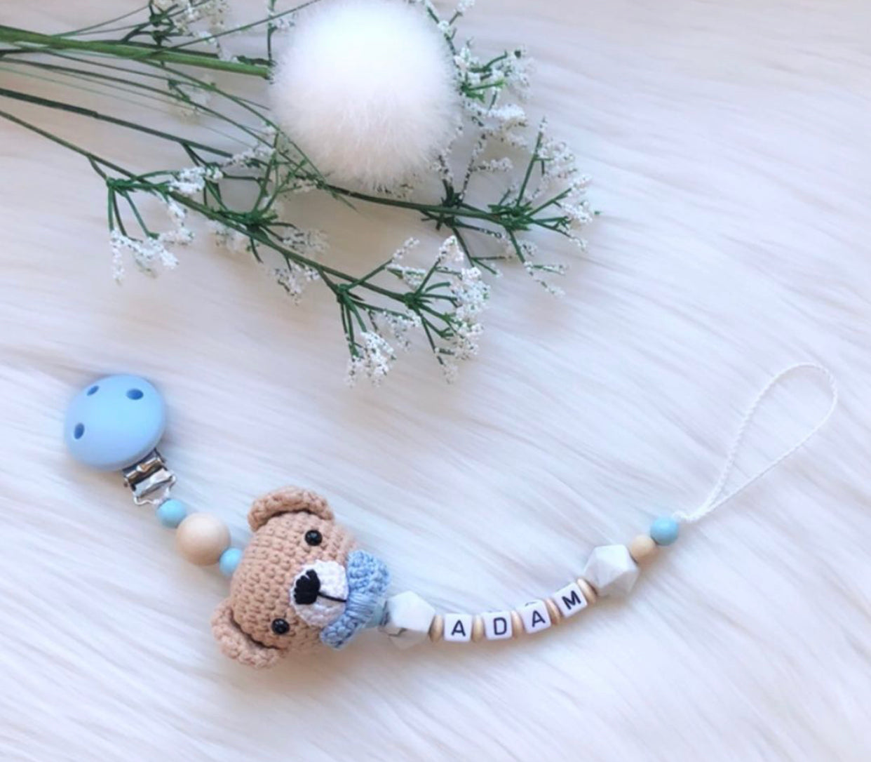 Schnullerkette mit Name – Sweet Bear Marmor