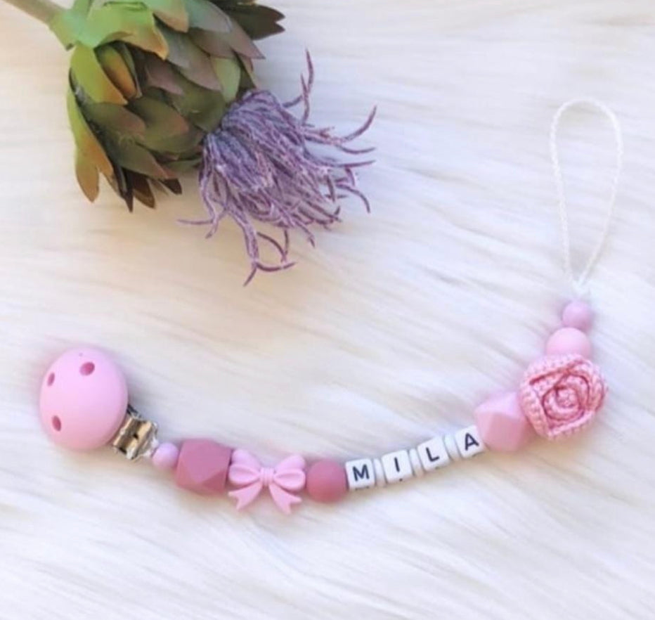 Schnullerkette Rosa Häkelrose